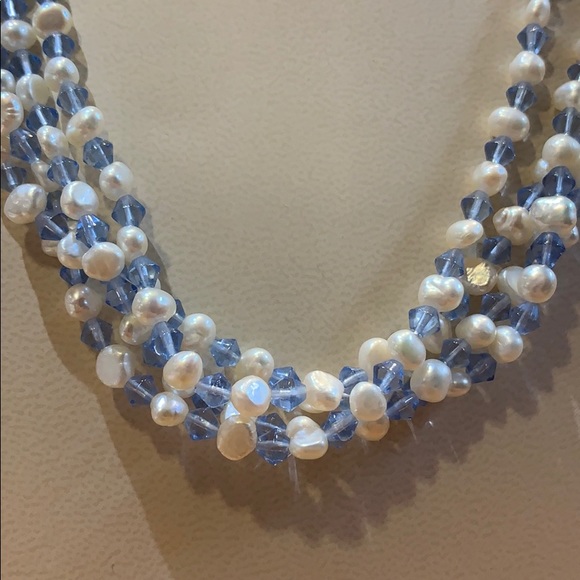Freshwater Pearl and Blue Bead Necklace, 18” - Picture 3 of 7